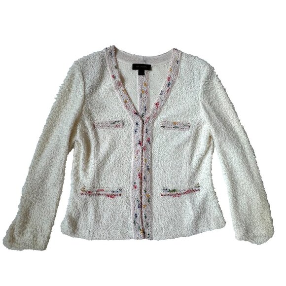 St John Womens 12 Flagged Textural Knit Jacket Blazer Cream Multicolor Trim - Picture 2 of 7
